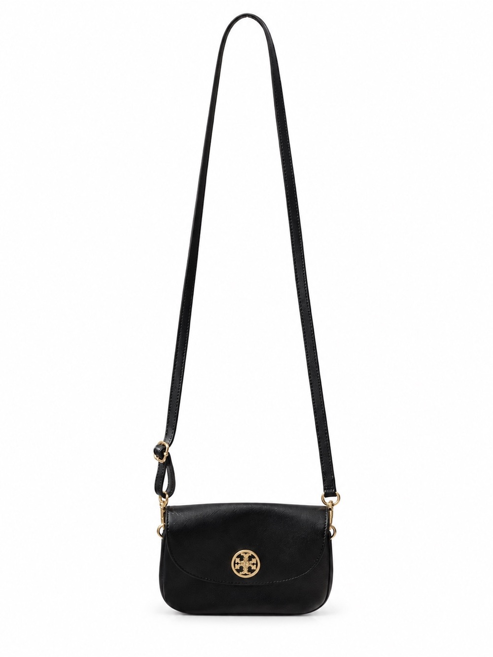 Tory Burch Robinson Saffiano Leather crossbody bag clutch Black Gold Turnlock